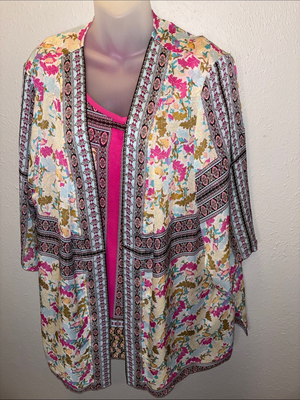 Susan Graver Open Kimono Duster Boho Multicolor Floral Women’s Plus Sz 1X
